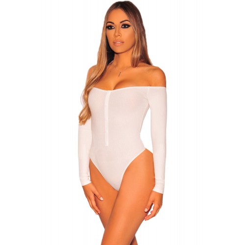White Ribbed Knit Off Shoulder Long Sleeves Bodysuit