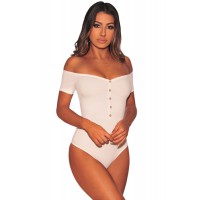 White Ribbed Knit Off Shoulder Button Bodysuit