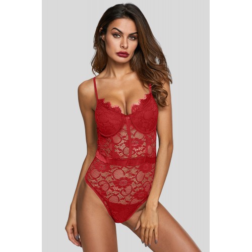 Red Lace Panelled Bodysuit Red Lace Panelled Bodysuit