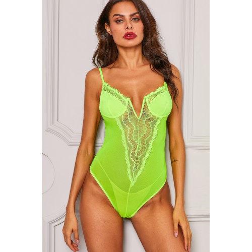 Yellow Satin Cups Floral Lace Accent Bodysuit