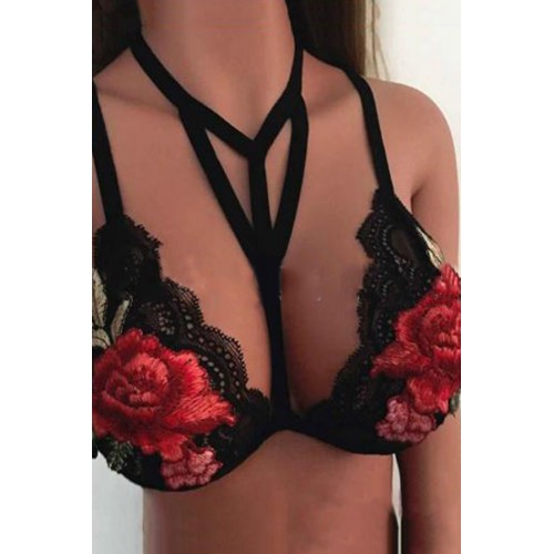 Black Floral Embroidered Hollow-out Bralette