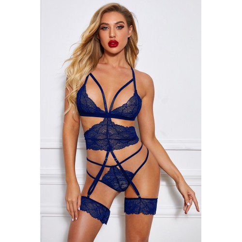 Blue Strappy Hollow-out Lace Bralette Set with Garter Belts