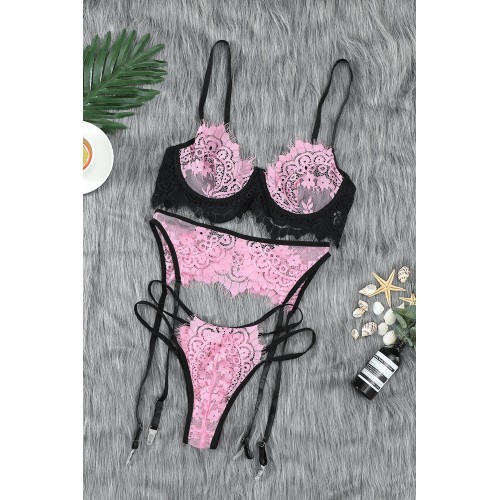 Pink Spaghetti Strap Eyelash Lace Bralette Set with Garter Belt
