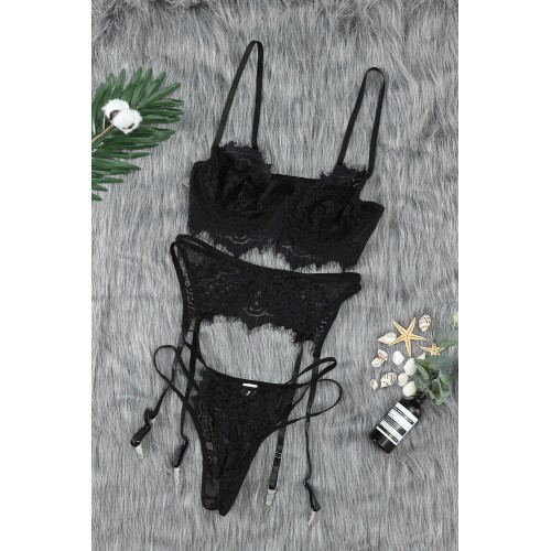Black Spaghetti Strap Eyelash Lace Bralette Set with Garter Belt Black Spaghetti Strap Eyelash Lace Bralette Set with Garter Belt