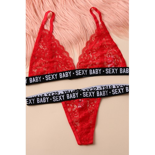 SEXY BABY Letter Print Red Lace Bralette Set