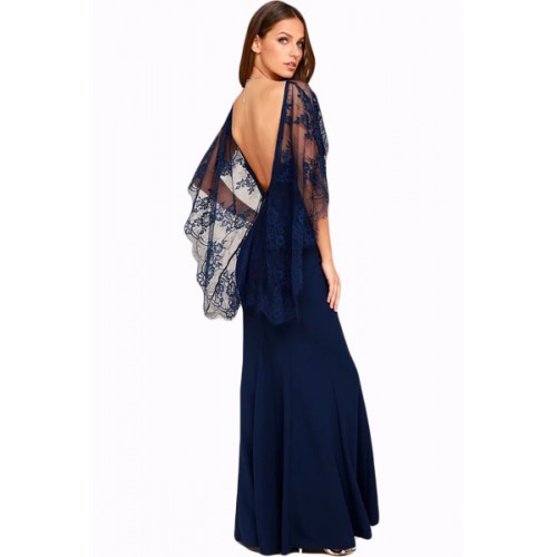 Navy Blue V Cut Open Back Lace Cape Sleeve Maxi Poncho Dress