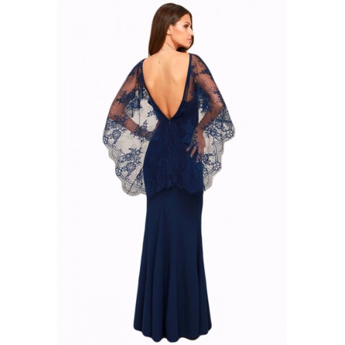 Navy Blue V Cut Open Back Lace Cape Sleeve Maxi Poncho Dress