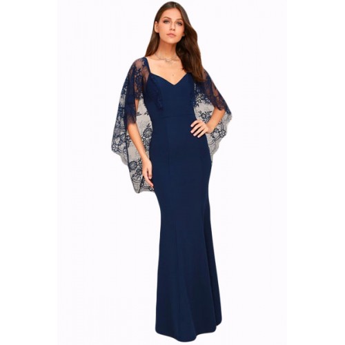 Navy Blue V Cut Open Back Lace Cape Sleeve Maxi Poncho Dress