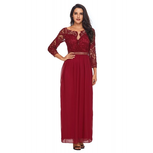 Wine Lace Crochet Quarter Sleeve Maxi Dress