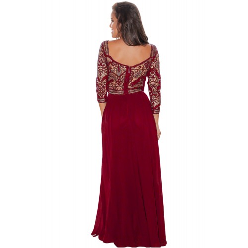 Wine Lace Crochet Quarter Sleeve Maxi Dress
