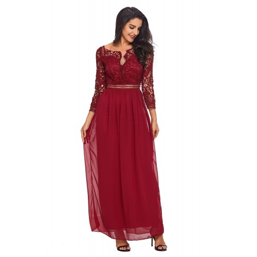 Wine Lace Crochet Quarter Sleeve Maxi Dress