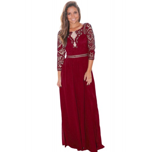 Wine Lace Crochet Quarter Sleeve Maxi Dress