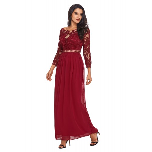 Wine Lace Crochet Quarter Sleeve Maxi Dress