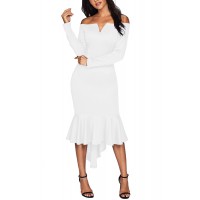 White Off Shoulder Long Sleeve Mermaid Dress