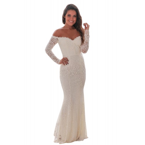White Crochet Off Shoulder Maxi Evening Party Dress