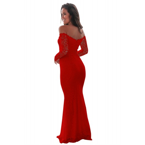Red Crochet Off Shoulder Maxi Evening Party Dress Red Crochet Off Shoulder Maxi Evening Party Dress