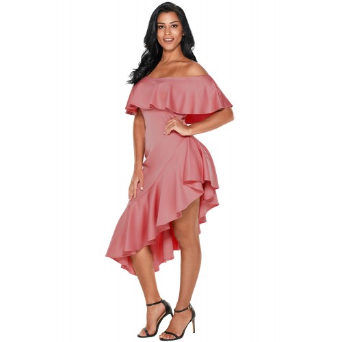 Pink Asymmetric Ruffle Off Shoulder Party Dress Pink Asymmetric Ruffle Off Shoulder Party Dress
