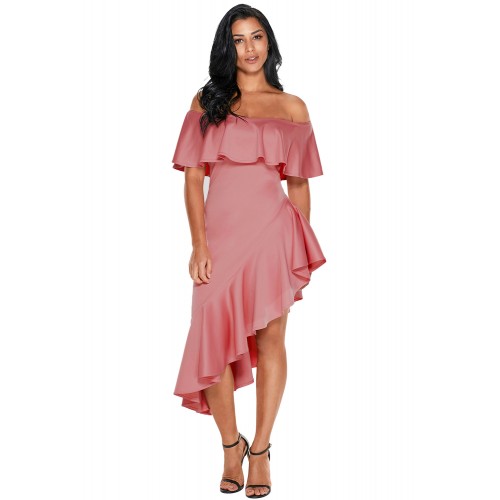 Pink Asymmetric Ruffle Off Shoulder Party Dress Pink Asymmetric Ruffle Off Shoulder Party Dress