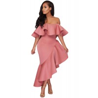 Pink Asymmetric Ruffle Off Shoulder Party Dress