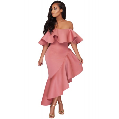 Pink Asymmetric Ruffle Off Shoulder Party Dress