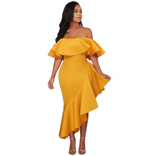 Yellow Asymmetric Ruffle Off Shoulder Party Dress