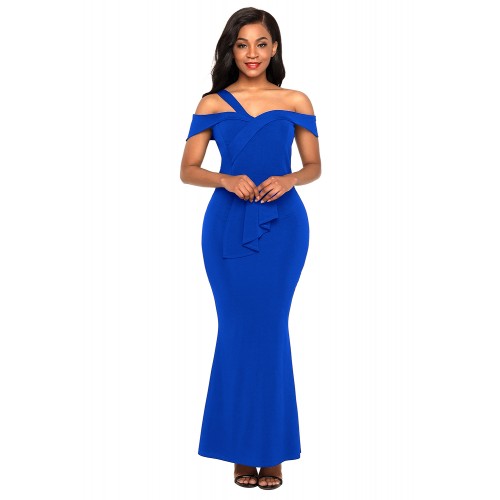 Royal Blue Asymmetric Off Shoulder Look High Waist Party Gown Royal Blue Asymmetric Off Shoulder Look High Waist Party Gown