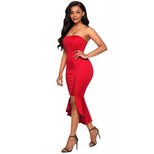 Red Asymmetric Ruffle Hem Strapless Party Dress Red Asymmetric Ruffle Hem Strapless Party Dress