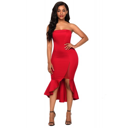 Red Asymmetric Ruffle Hem Strapless Party Dress Red Asymmetric Ruffle Hem Strapless Party Dress