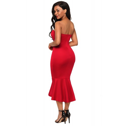 Red Asymmetric Ruffle Hem Strapless Party Dress Red Asymmetric Ruffle Hem Strapless Party Dress