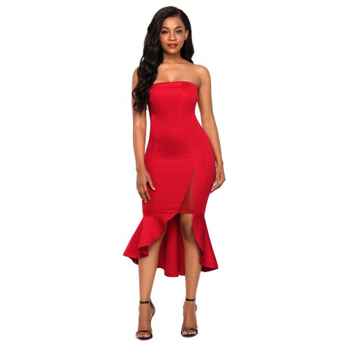 Red Asymmetric Ruffle Hem Strapless Party Dress Red Asymmetric Ruffle Hem Strapless Party Dress