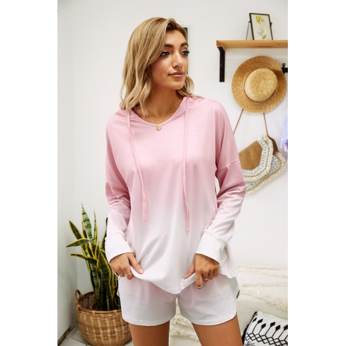 Pink Dip Dye Hooded Lounge Sweatshirt Shorts Set