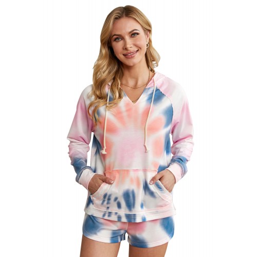 Pink Cotton Blend Pocketed Tie-dye Hoodie Shorts Suit Pink Cotton Blend Pocketed Tie-dye Hoodie Shorts Suit
