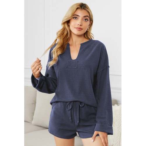 Blue Inverted Knit Pullover Shorts Set Blue Inverted Knit Pullover Shorts Set