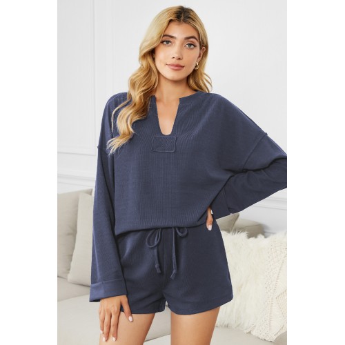 Blue Inverted Knit Pullover Shorts Set Blue Inverted Knit Pullover Shorts Set