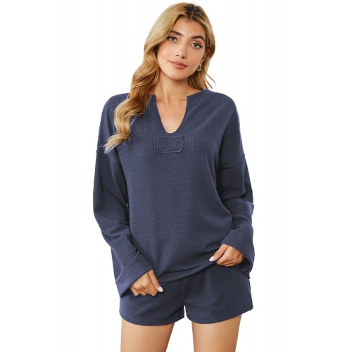 Blue Inverted Knit Pullover Shorts Set Blue Inverted Knit Pullover Shorts Set