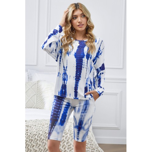 Blue Tie-dye Long Sleeves Shorts Slouchy Set Blue Tie-dye Long Sleeves Shorts Slouchy Set
