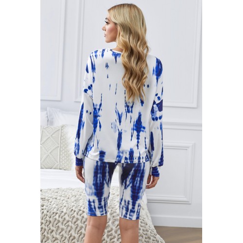 Blue Tie-dye Long Sleeves Shorts Slouchy Set Blue Tie-dye Long Sleeves Shorts Slouchy Set