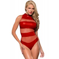 Red Striped Mesh Cutout Wet Look Teddy