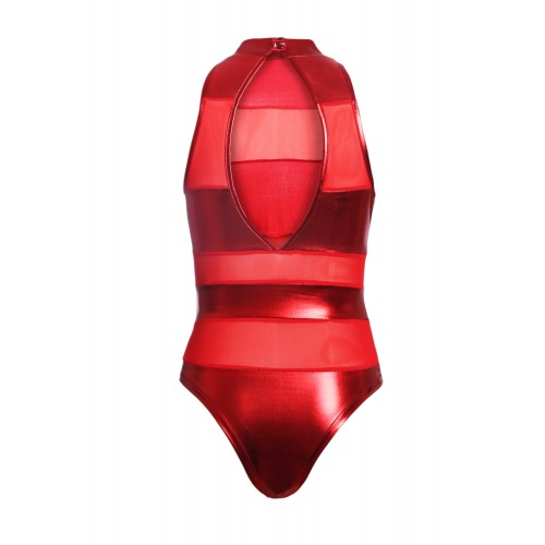 Red Striped Mesh Cutout Wet Look Teddy Red Striped Mesh Cutout Wet Look Teddy